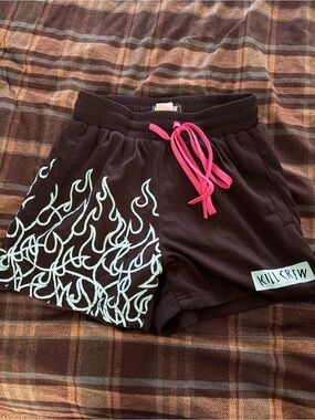 Kill Crew Black Shorts with Mint Flame Print and Pink Drawstring